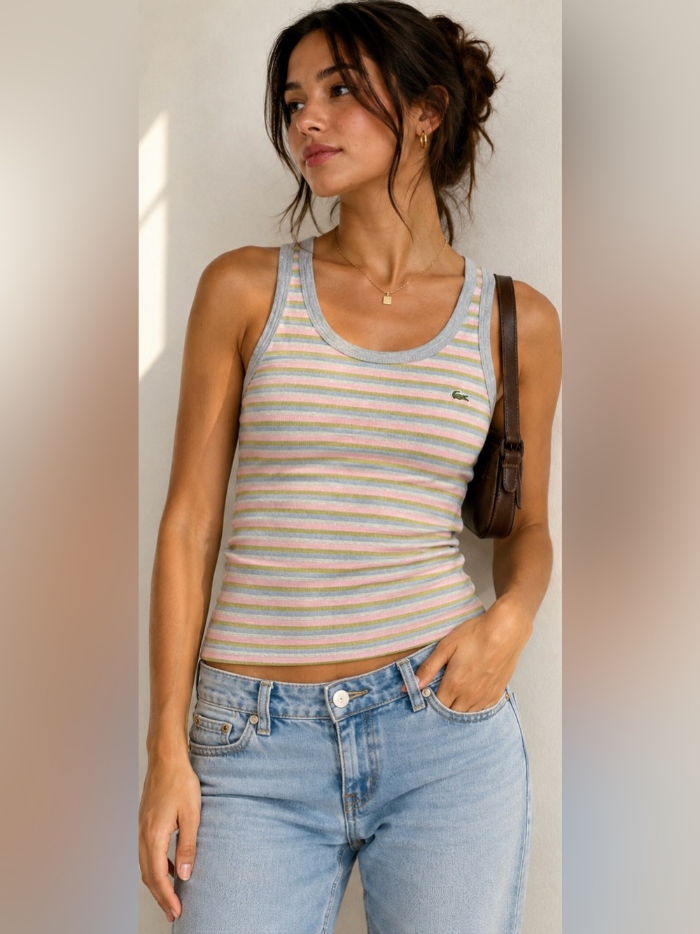 Lacoste Women’s Size 36 Y2K Striped Tank Top Pink Blue Green 100% Cotton